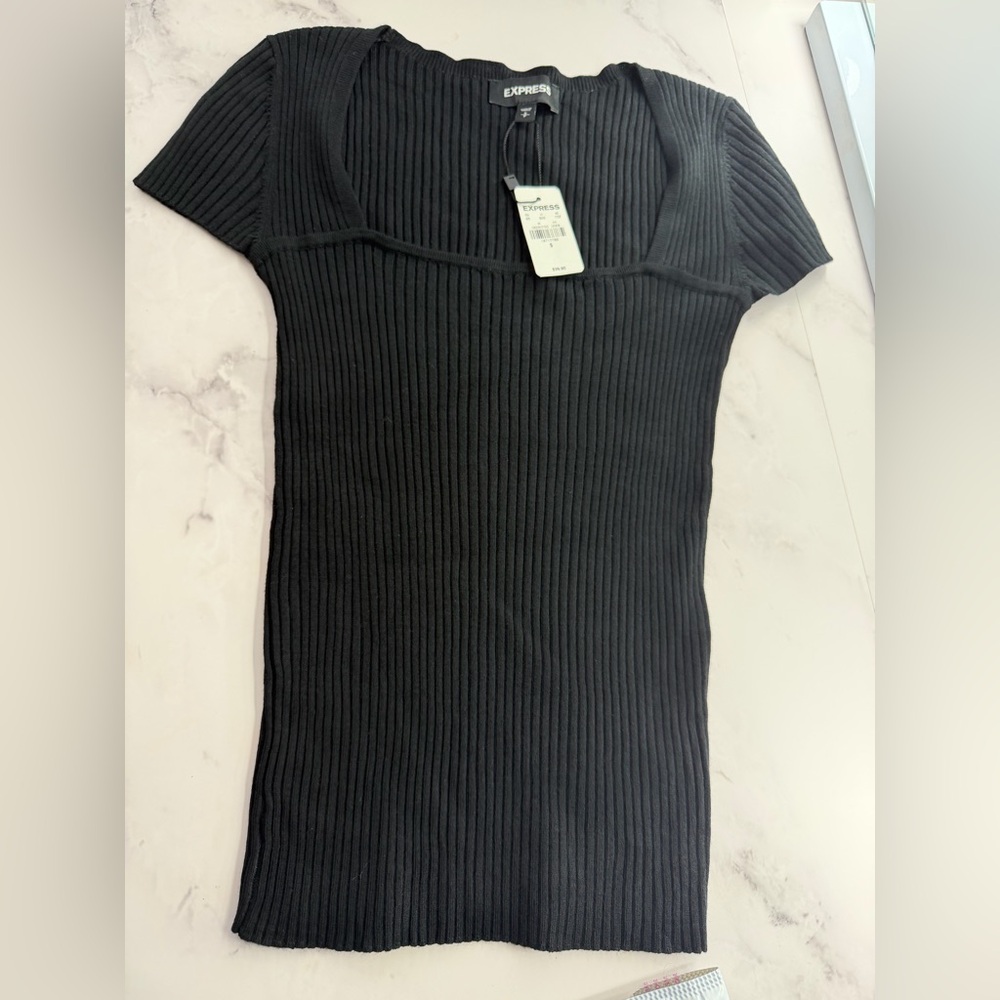 NWT Express Black Ribbed Square Neck Short Sleeve Top